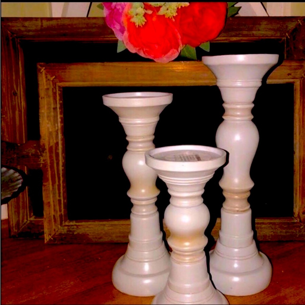 Set of 3 New Distressed Gray Pillar Candle Holders
